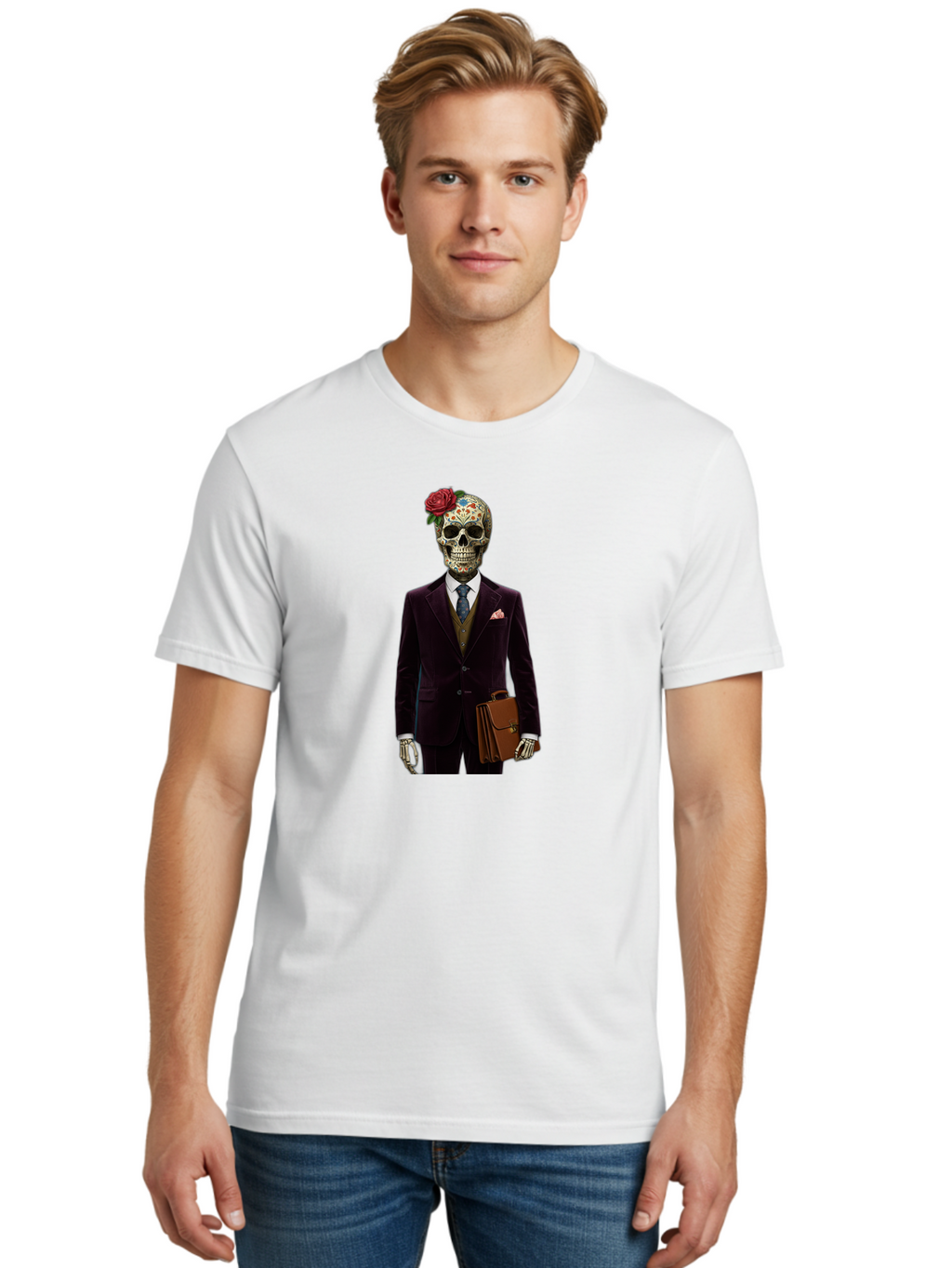 Sugar-Skull-Gentleman Men'S Graphic Tee, 100% Cotton, Comfortable Casual Summer Wear, Machine Washable, Sugar Skull, Businessman Attire, Formal Wear, Briefcase, Day Of The Dead, Colorful Skull, Decorated Skull, Skeleton Hand, Formal Suit, Bad784