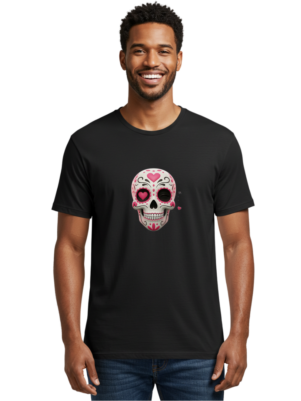 Sugar-Skull-Heart-Eyes Men'S Graphic Tee, 100% Cotton, Comfortable Casual Summer Wear, Machine Washable, Sugar Skull, Day Of The Dead, Pink Hearts, Floral Patterns, Black Swirls, Vibrant Colors, Festive Design, Intricate Details, Bad785