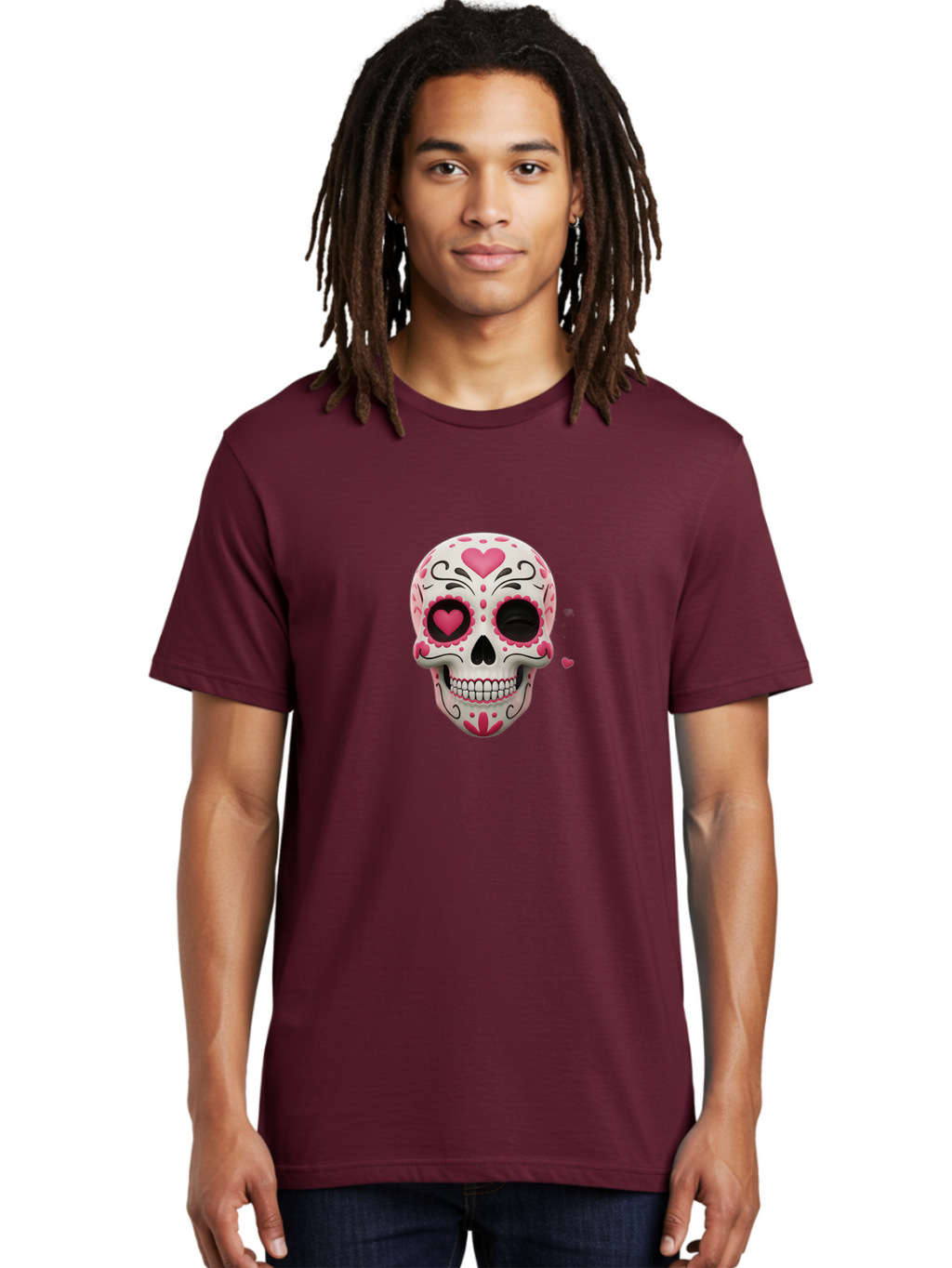 Sugar-Skull-Heart-Eyes Men'S Graphic Tee, 100% Cotton, Comfortable Casual Summer Wear, Machine Washable, Sugar Skull, Day Of The Dead, Pink Hearts, Floral Patterns, Black Swirls, Vibrant Colors, Festive Design, Intricate Details, Bad785