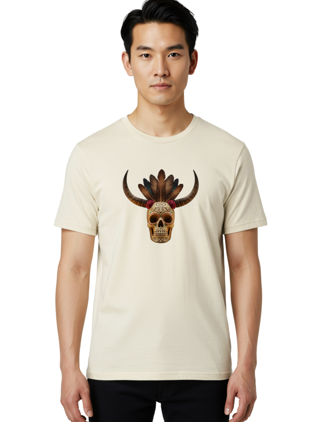 Sugar-Skull-Minotaur Men'S Graphic Tee, 100% Cotton, Comfortable Casual Summer Wear, Machine Washable, Sugar Skull, Minotaur, Bull Skull, Day Of The Dead, Dia De Los Muertos, Tribal Art, Feathered Headdress, Gothic Decor, Skull Art Bad787