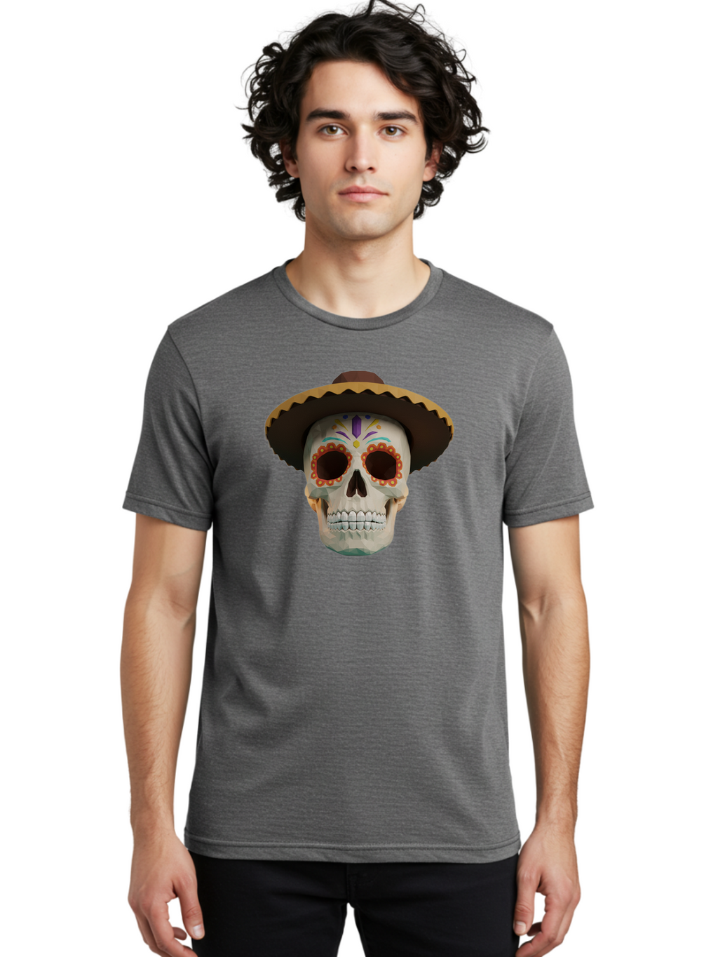 Sugar-Skull-Sombrero Men'S Graphic Tee, 100% Cotton, Comfortable Casual Summer Wear, Machine Washable, Sugar Skull, Sombrero Hat, Mexican Culture, Day Of The Dead, Colorful Designs, Vibrant Patterns, Festive Spirit, Halloween, Bad788