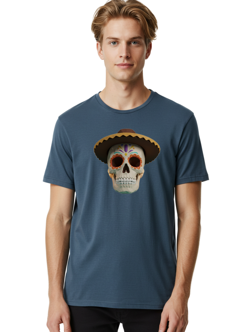 Sugar-Skull-Sombrero Men'S Graphic Tee, 100% Cotton, Comfortable Casual Summer Wear, Machine Washable, Sugar Skull, Sombrero Hat, Mexican Culture, Day Of The Dead, Colorful Designs, Vibrant Patterns, Festive Spirit, Halloween, Bad788