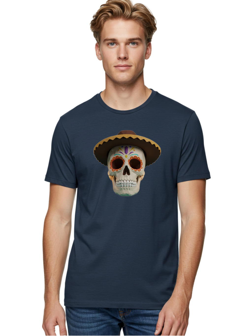 Sugar-Skull-Sombrero Men'S Graphic Tee, 100% Cotton, Comfortable Casual Summer Wear, Machine Washable, Sugar Skull, Sombrero Hat, Mexican Culture, Day Of The Dead, Colorful Designs, Vibrant Patterns, Festive Spirit, Halloween, Bad788
