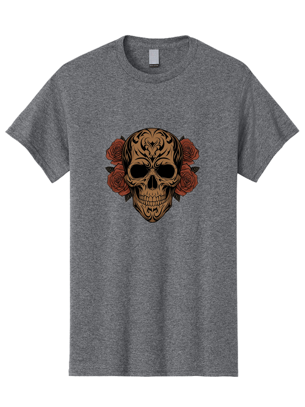 Sugar-Skull-With-Roses-1 Men'S Graphic Tee, 100% Cotton, Comfortable Casual Summer Wear, Machine Washable, Sugar Skull, Floral Design, Red Roses, Black Tribal Patterns, Day Of The Dead, Gothic Art, Tattoo Design, Vibrant Flowers, Dark Art, Bad789