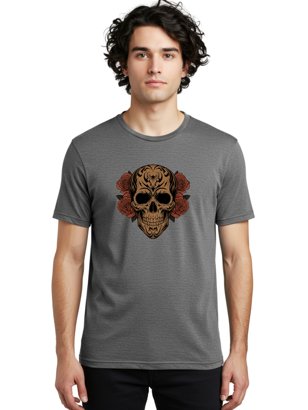 Sugar-Skull-With-Roses-1 Men'S Graphic Tee, 100% Cotton, Comfortable Casual Summer Wear, Machine Washable, Sugar Skull, Floral Design, Red Roses, Black Tribal Patterns, Day Of The Dead, Gothic Art, Tattoo Design, Vibrant Flowers, Dark Art, Bad789