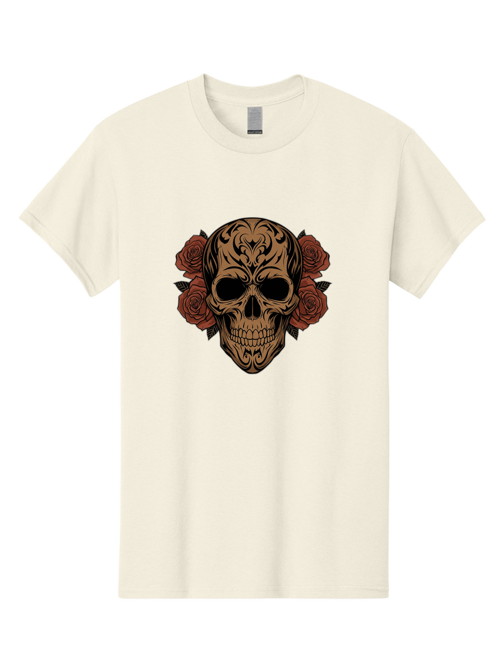Sugar-Skull-With-Roses-1 Men'S Graphic Tee, 100% Cotton, Comfortable Casual Summer Wear, Machine Washable, Sugar Skull, Floral Design, Red Roses, Black Tribal Patterns, Day Of The Dead, Gothic Art, Tattoo Design, Vibrant Flowers, Dark Art, Bad789