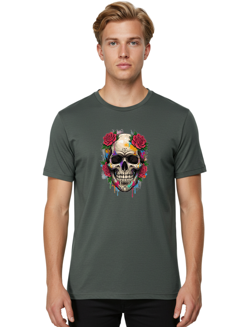 Sugar-Skull-With-Roses-2 Men'S Graphic Tee, 100% Cotton, Comfortable Casual Summer Wear, Machine Washable, Sugar Skull, Skull With Roses, Vibrant Colors, Colorful Skull, Street Art Style, Abstract Art, Day Of The Dead Theme, Red Roses, Bad790