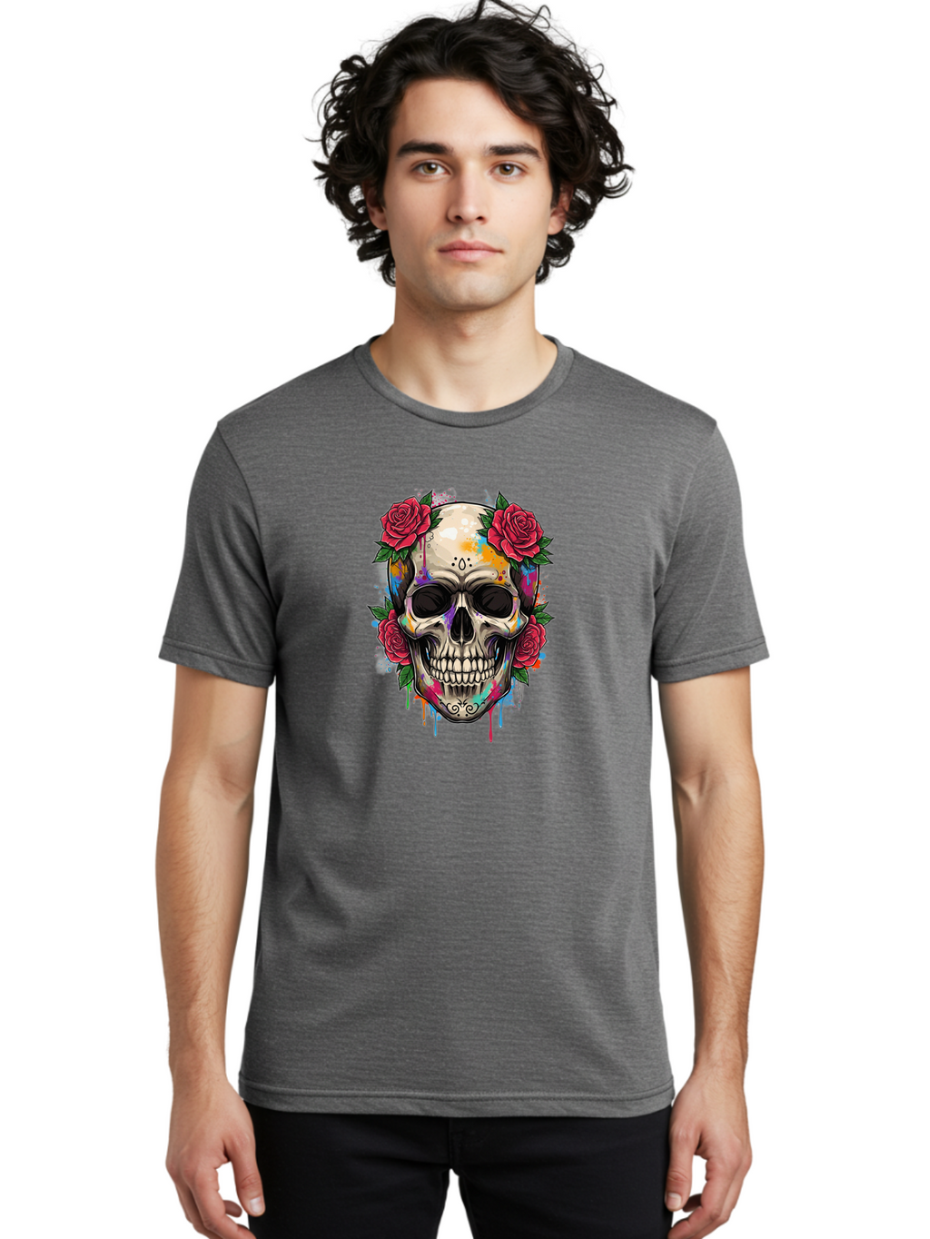 Sugar-Skull-With-Roses-2 Men'S Graphic Tee, 100% Cotton, Comfortable Casual Summer Wear, Machine Washable, Sugar Skull, Skull With Roses, Vibrant Colors, Colorful Skull, Street Art Style, Abstract Art, Day Of The Dead Theme, Red Roses, Bad790