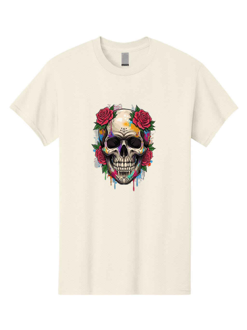 Sugar-Skull-With-Roses-2 Men'S Graphic Tee, 100% Cotton, Comfortable Casual Summer Wear, Machine Washable, Sugar Skull, Skull With Roses, Vibrant Colors, Colorful Skull, Street Art Style, Abstract Art, Day Of The Dead Theme, Red Roses, Bad790