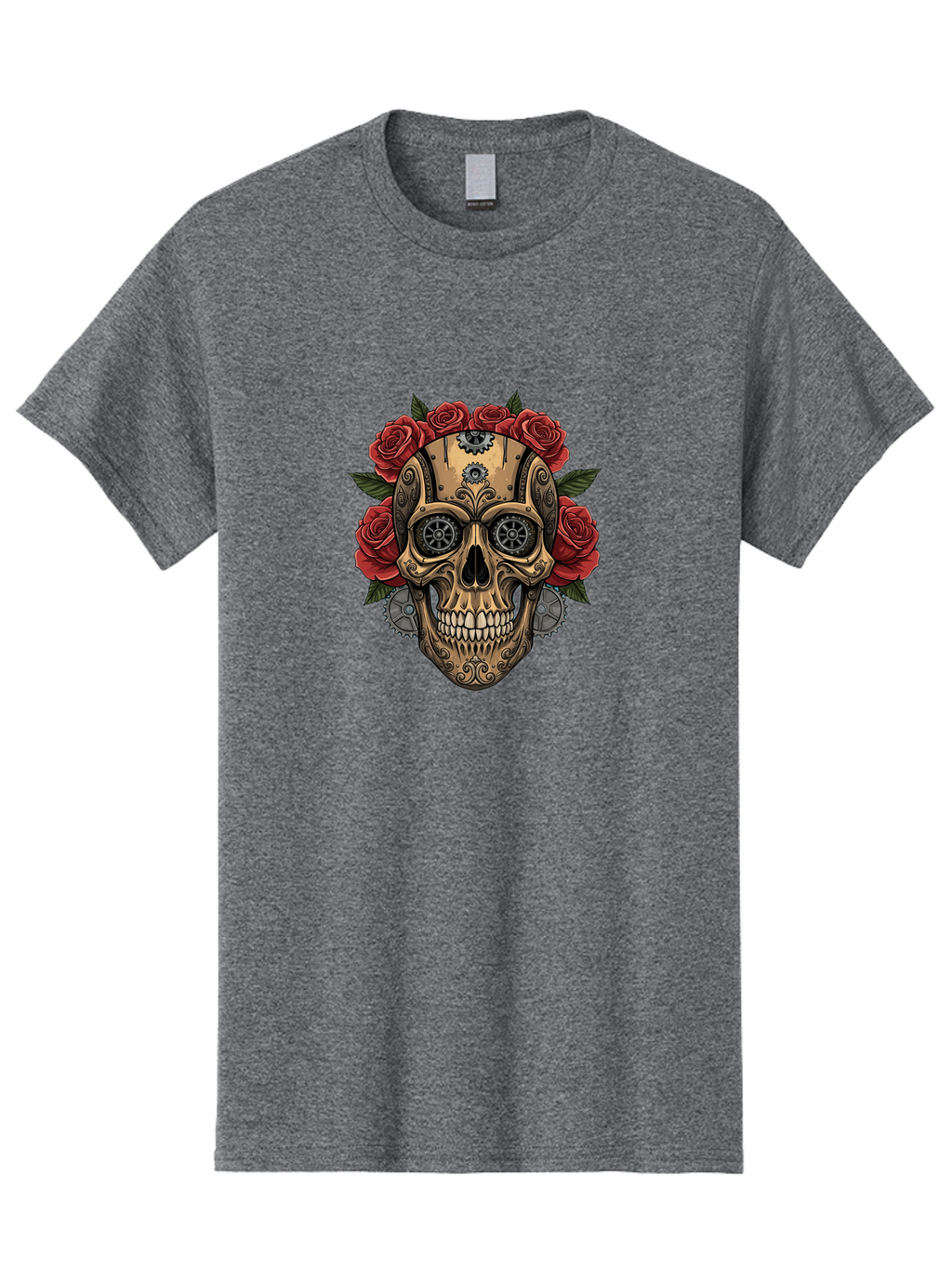 Sugar-Skull-With-Roses Men'S Graphic Tee, 100% Cotton, Comfortable Casual Summer Wear, Machine Washable, Sugar Skull, Day Of The Dead, Mechanical Parts, Floral Wreath, Red Roses, Gothic Design, Steampunk Style, Intricate Details, Bad791