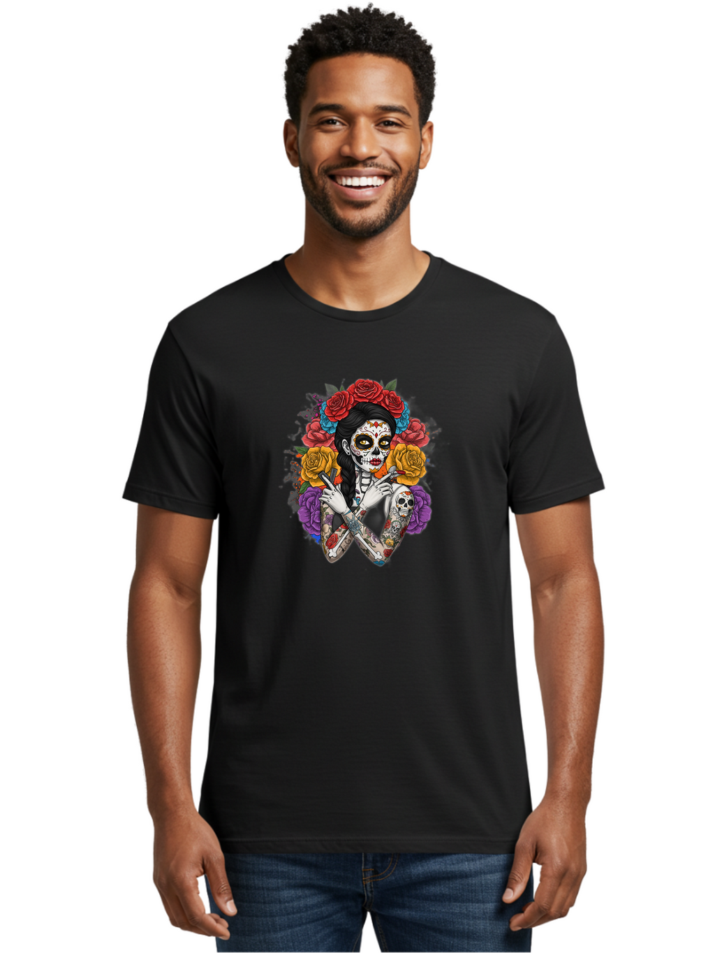 Sugar-Skull-Woman Men'S Graphic Tee, 100% Cotton, Comfortable Casual Summer Wear, Machine Washable, Sugar Skull, Day Of The Dead, Tattoo Art, Floral Crown, Roses, Skull Makeup, Vibrant Colors, Gothic Style, Feminine Beauty, Bad792