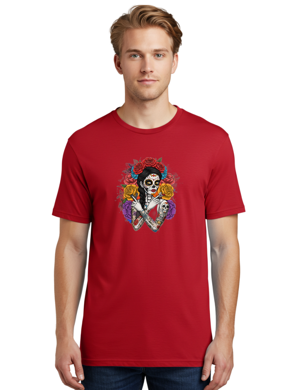 Sugar-Skull-Woman Men'S Graphic Tee, 100% Cotton, Comfortable Casual Summer Wear, Machine Washable, Sugar Skull, Day Of The Dead, Tattoo Art, Floral Crown, Roses, Skull Makeup, Vibrant Colors, Gothic Style, Feminine Beauty, Bad792