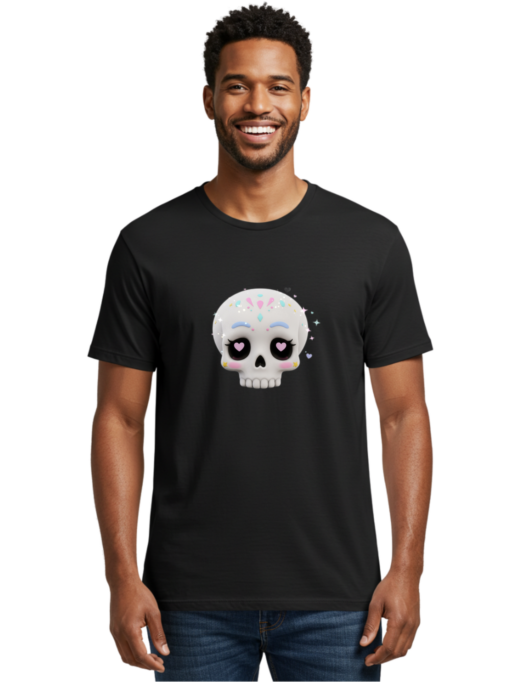 Sugar-Skull Men'S Graphic Tee, 100% Cotton, Comfortable Casual Summer Wear, Machine Washable, Sugar Skull Graphic, Cartoon-Style Skull, Pastel Colors, Festive Design, Day Of The Dead Theme, Colorful Sprinkles, Sparkly Elements, Bad793