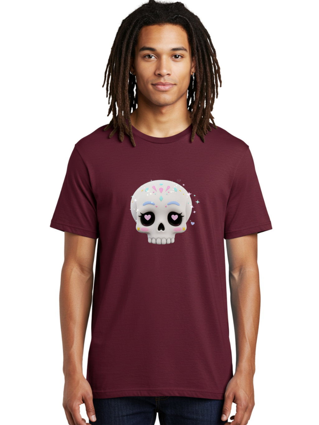Sugar-Skull Men'S Graphic Tee, 100% Cotton, Comfortable Casual Summer Wear, Machine Washable, Sugar Skull Graphic, Cartoon-Style Skull, Pastel Colors, Festive Design, Day Of The Dead Theme, Colorful Sprinkles, Sparkly Elements, Bad793