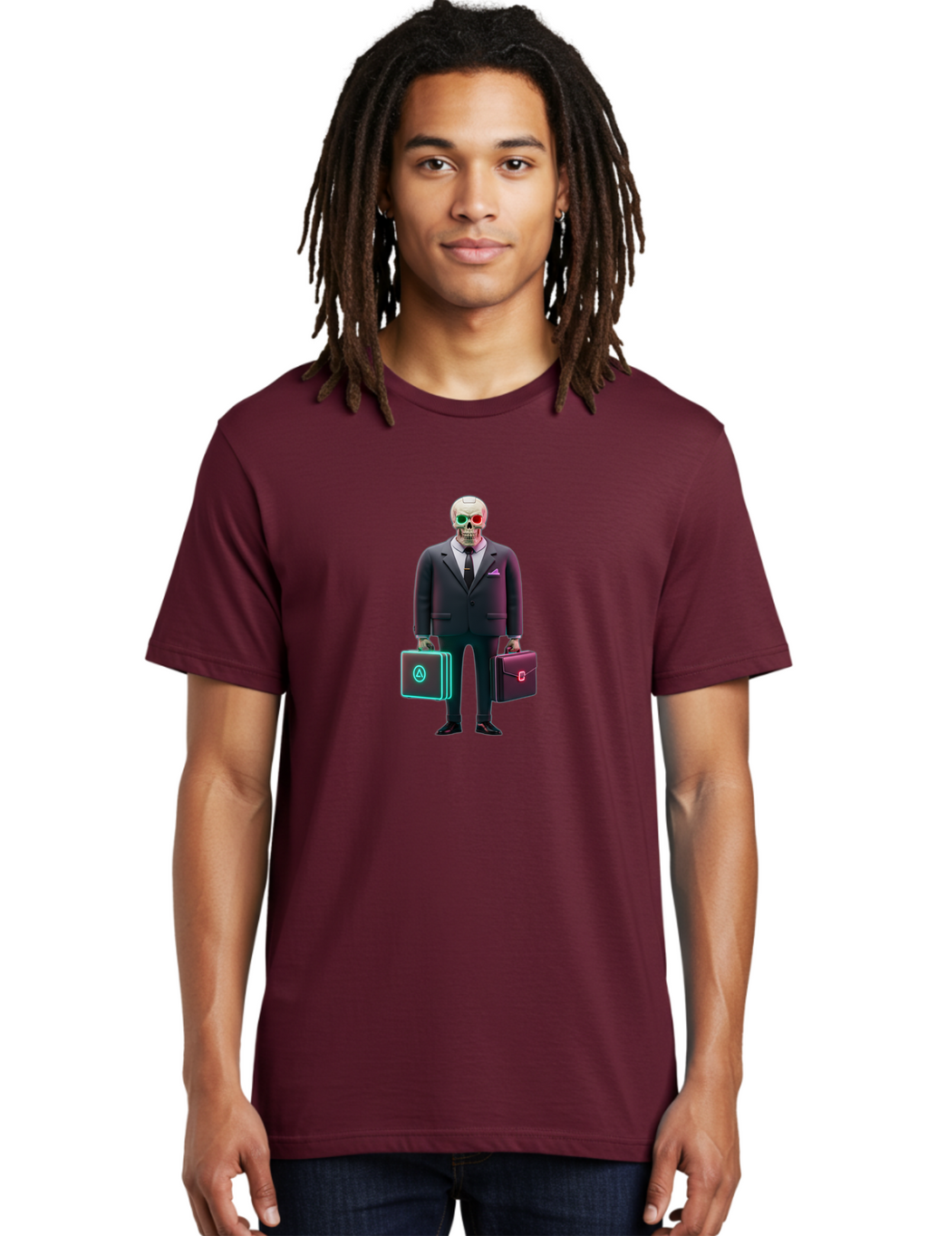 Suit-Skeleton Men'S Graphic Tee, 100% Cotton, Comfortable Casual Summer Wear, Machine Washable, Skeleton In A Business Suit, Red And Green Glowing Eyes, Two Briefcases, Corporate Attire, Futuristic Style, Digital Art, Modern Aesthetic, Bad795