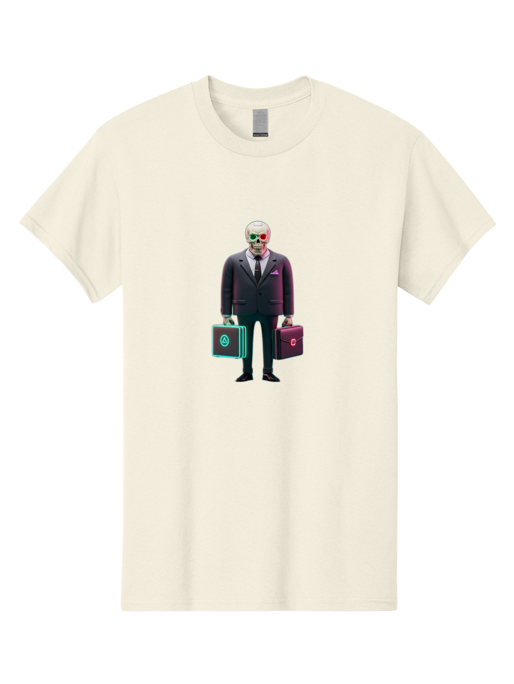 Suit-Skeleton Men'S Graphic Tee, 100% Cotton, Comfortable Casual Summer Wear, Machine Washable, Skeleton In A Business Suit, Red And Green Glowing Eyes, Two Briefcases, Corporate Attire, Futuristic Style, Digital Art, Modern Aesthetic, Bad795