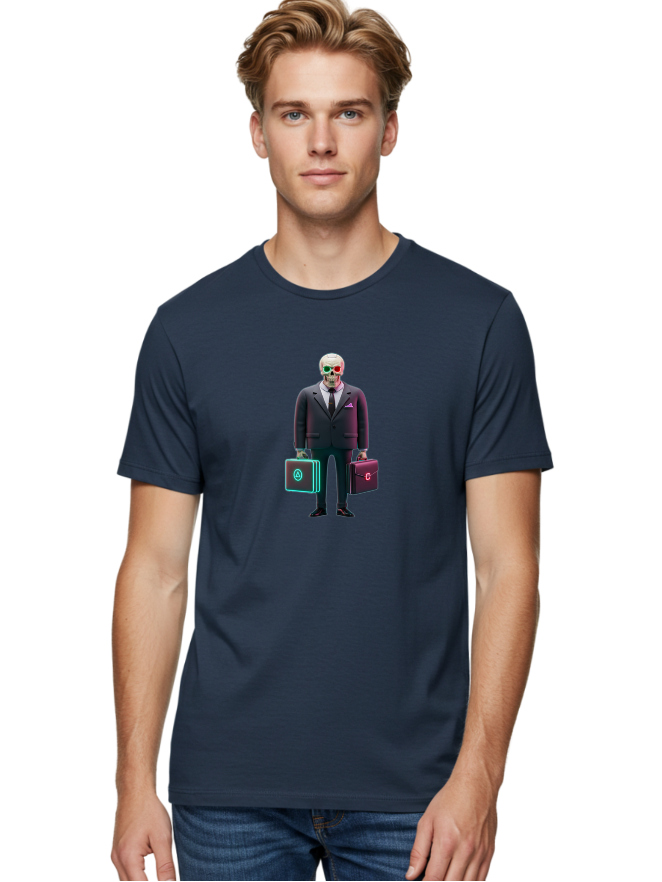 Suit-Skeleton Men'S Graphic Tee, 100% Cotton, Comfortable Casual Summer Wear, Machine Washable, Skeleton In A Business Suit, Red And Green Glowing Eyes, Two Briefcases, Corporate Attire, Futuristic Style, Digital Art, Modern Aesthetic, Bad795