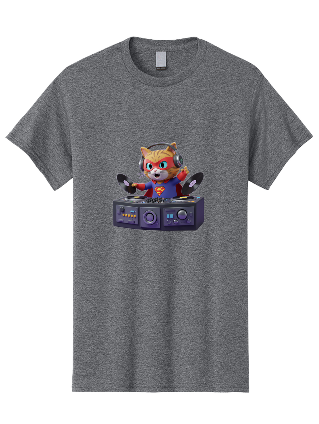 Superman-Cat-Dj Men'S Graphic Tee, 100% Cotton, Comfortable Casual Summer Wear, Machine Washable, Funny Cat, Dj Setup, Vinyl Records, Superhero Costume, Superman Logo, Party Atmosphere, Cartoon Character, Techno Music, Dancing Cat Bad796