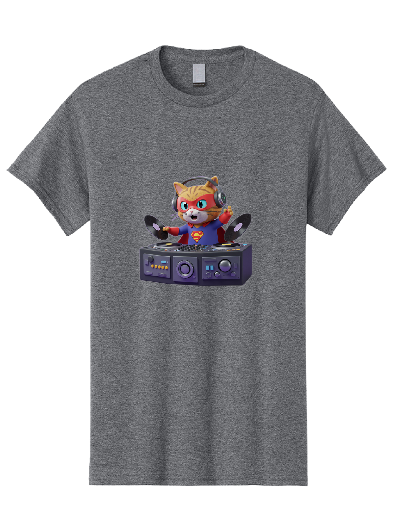 Superman-Cat-Dj Men'S Graphic Tee, 100% Cotton, Comfortable Casual Summer Wear, Machine Washable, Funny Cat, Dj Setup, Vinyl Records, Superhero Costume, Superman Logo, Party Atmosphere, Cartoon Character, Techno Music, Dancing Cat Bad796