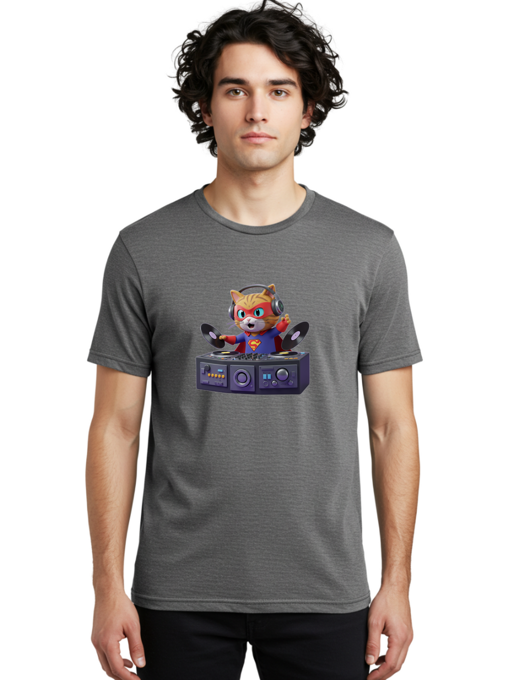 Superman-Cat-Dj Men'S Graphic Tee, 100% Cotton, Comfortable Casual Summer Wear, Machine Washable, Funny Cat, Dj Setup, Vinyl Records, Superhero Costume, Superman Logo, Party Atmosphere, Cartoon Character, Techno Music, Dancing Cat Bad796