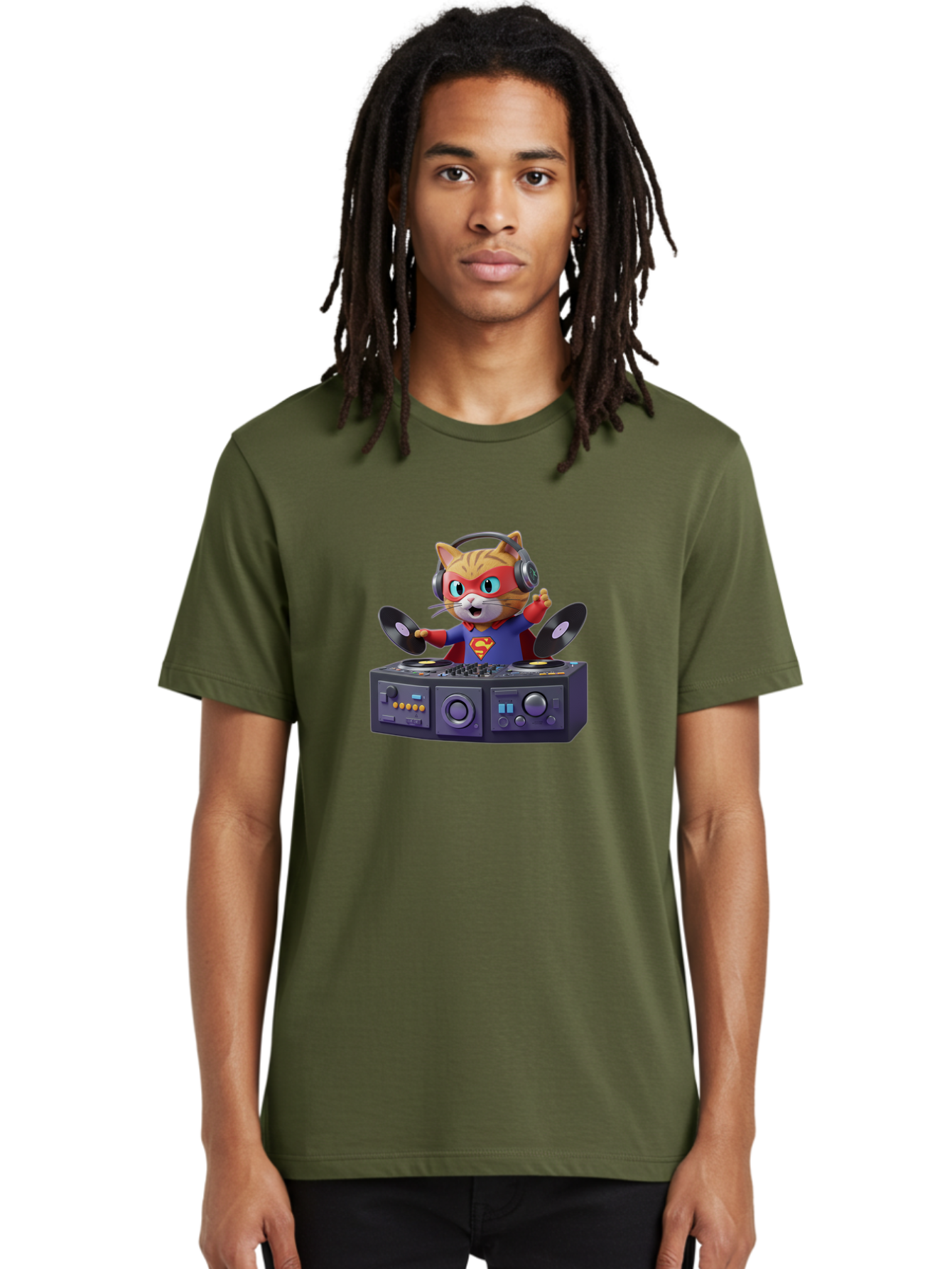 Superman-Cat-Dj Men'S Graphic Tee, 100% Cotton, Comfortable Casual Summer Wear, Machine Washable, Funny Cat, Dj Setup, Vinyl Records, Superhero Costume, Superman Logo, Party Atmosphere, Cartoon Character, Techno Music, Dancing Cat Bad796