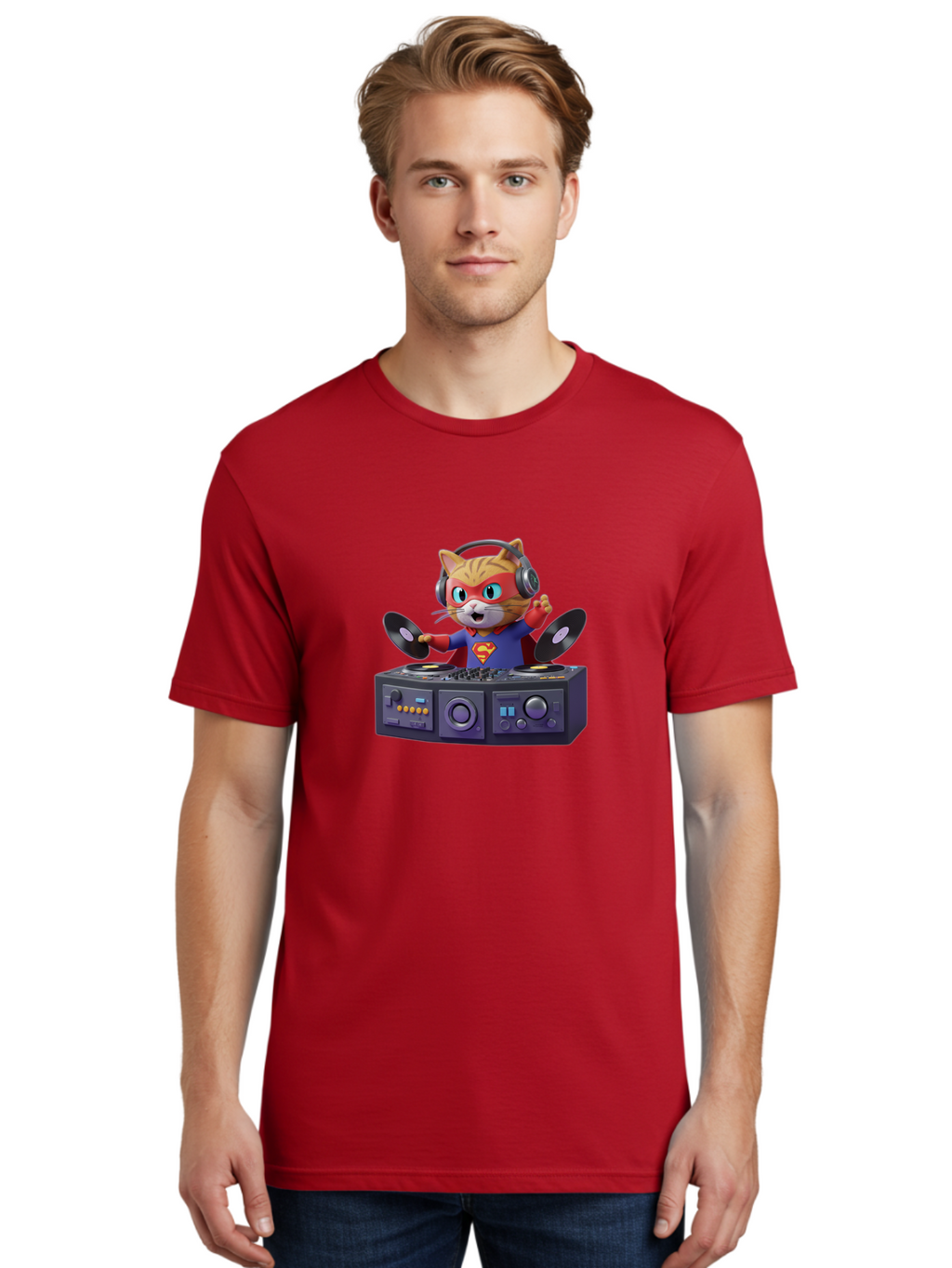 Superman-Cat-Dj Men'S Graphic Tee, 100% Cotton, Comfortable Casual Summer Wear, Machine Washable, Funny Cat, Dj Setup, Vinyl Records, Superhero Costume, Superman Logo, Party Atmosphere, Cartoon Character, Techno Music, Dancing Cat Bad796