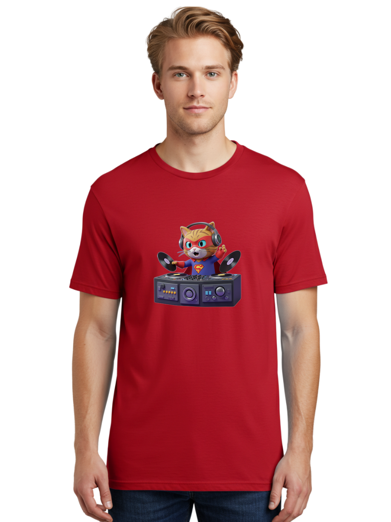 Superman-Cat-Dj Men'S Graphic Tee, 100% Cotton, Comfortable Casual Summer Wear, Machine Washable, Funny Cat, Dj Setup, Vinyl Records, Superhero Costume, Superman Logo, Party Atmosphere, Cartoon Character, Techno Music, Dancing Cat Bad796