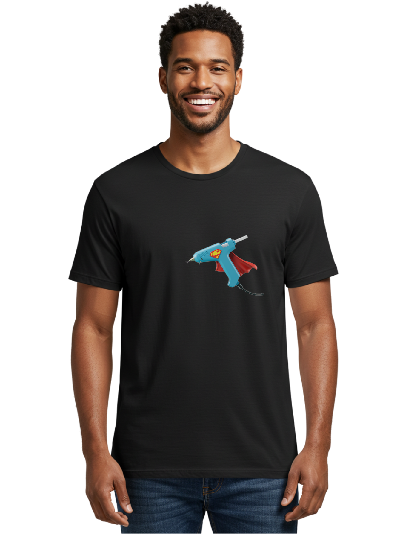 Superman-Glue-Gun Men'S Graphic Tee, 100% Cotton, Comfortable Casual Summer Wear, Machine Washable, Hot Glue Gun, Diy Tool, Crafting Supplies, Red Cape, Superhero Theme, Crafts, Superglue, Crafting, Arts And Crafts, Creative Projects, Handmade Bad797