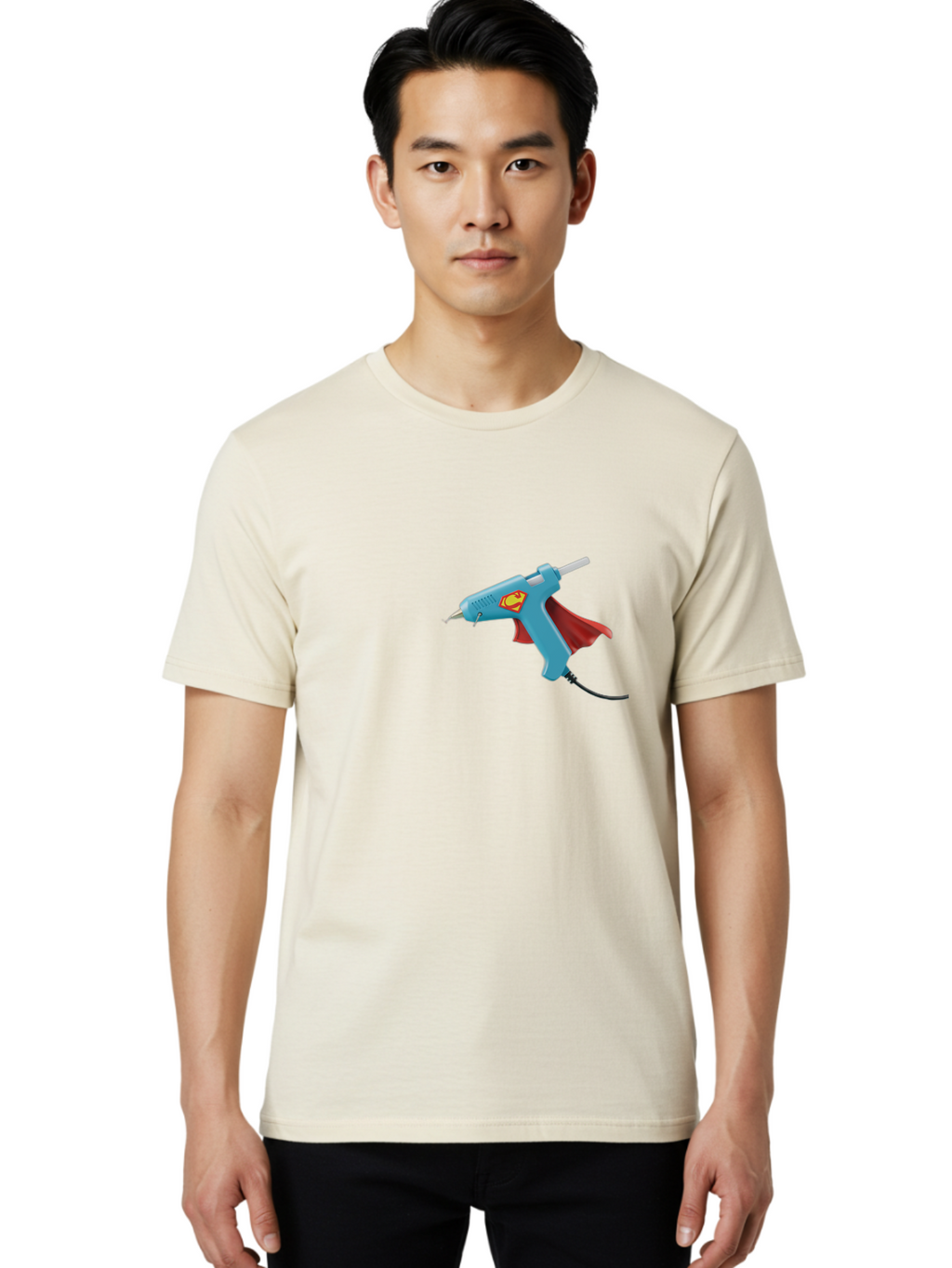 Superman-Glue-Gun Men'S Graphic Tee, 100% Cotton, Comfortable Casual Summer Wear, Machine Washable, Hot Glue Gun, Diy Tool, Crafting Supplies, Red Cape, Superhero Theme, Crafts, Superglue, Crafting, Arts And Crafts, Creative Projects, Handmade Bad797