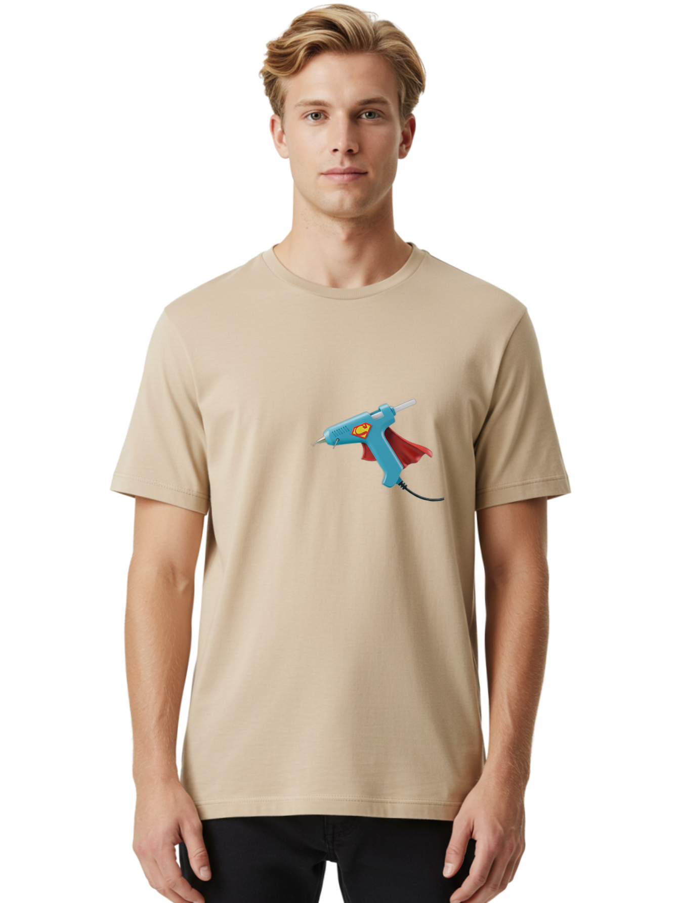Superman-Glue-Gun Men'S Graphic Tee, 100% Cotton, Comfortable Casual Summer Wear, Machine Washable, Hot Glue Gun, Diy Tool, Crafting Supplies, Red Cape, Superhero Theme, Crafts, Superglue, Crafting, Arts And Crafts, Creative Projects, Handmade Bad797