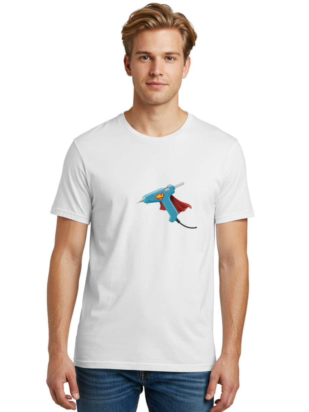 Superman-Glue-Gun Men'S Graphic Tee, 100% Cotton, Comfortable Casual Summer Wear, Machine Washable, Hot Glue Gun, Diy Tool, Crafting Supplies, Red Cape, Superhero Theme, Crafts, Superglue, Crafting, Arts And Crafts, Creative Projects, Handmade Bad797