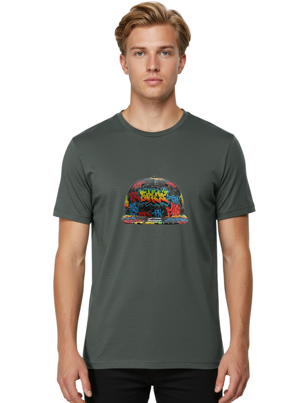 Talkfok-Graffiti-Baseball-Cap Men'S Graphic Tee, 100% Cotton, Comfortable Casual Summer Wear, Machine Washable, Graffiti Cap, Streetwear Fashion, Urban Style, Colorful Hat, Daft Punk, Vibrant Design, Street Art, Fashion Accessory, Trendy Hat, Bad801