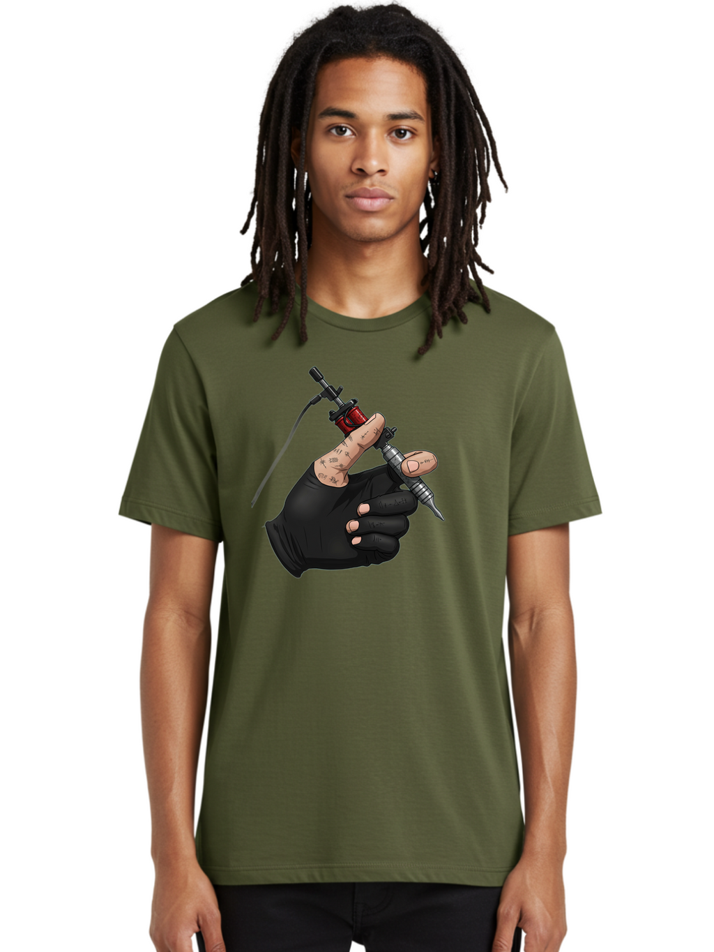 Tattoo-Hand Men'S Graphic Tee, 100% Cotton, Comfortable Casual Summer Wear, Machine Washable, Tattoo Artist Hand, Black Glove, Tattoo Machine In Hand, Red Tattoo Gun, Silver Needle, Tattoo Art, Body Art, Inked Hand Bad802