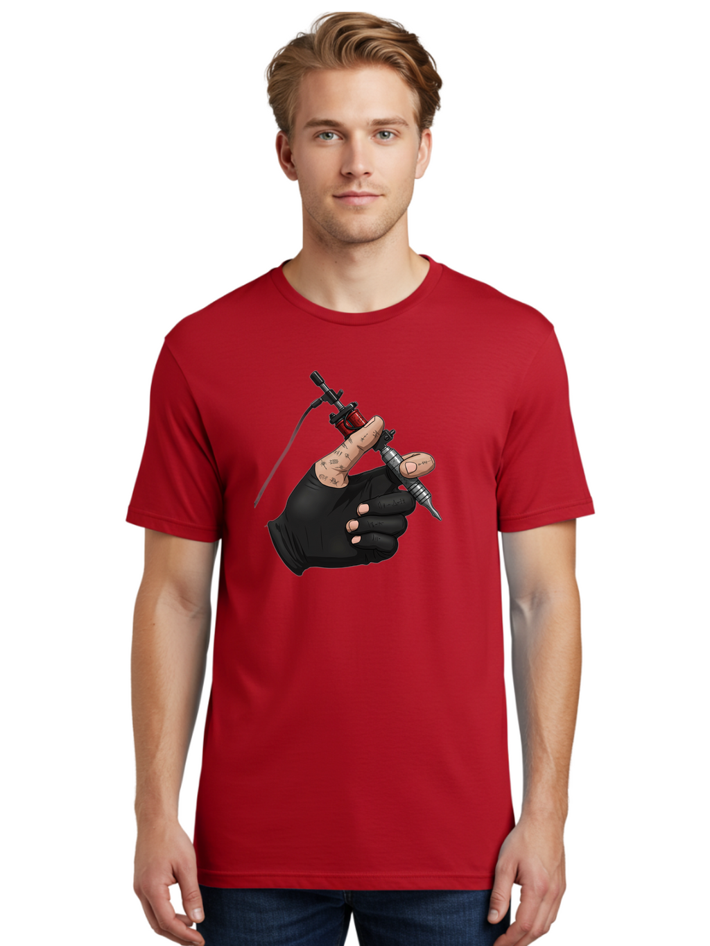 Tattoo-Hand Men'S Graphic Tee, 100% Cotton, Comfortable Casual Summer Wear, Machine Washable, Tattoo Artist Hand, Black Glove, Tattoo Machine In Hand, Red Tattoo Gun, Silver Needle, Tattoo Art, Body Art, Inked Hand Bad802