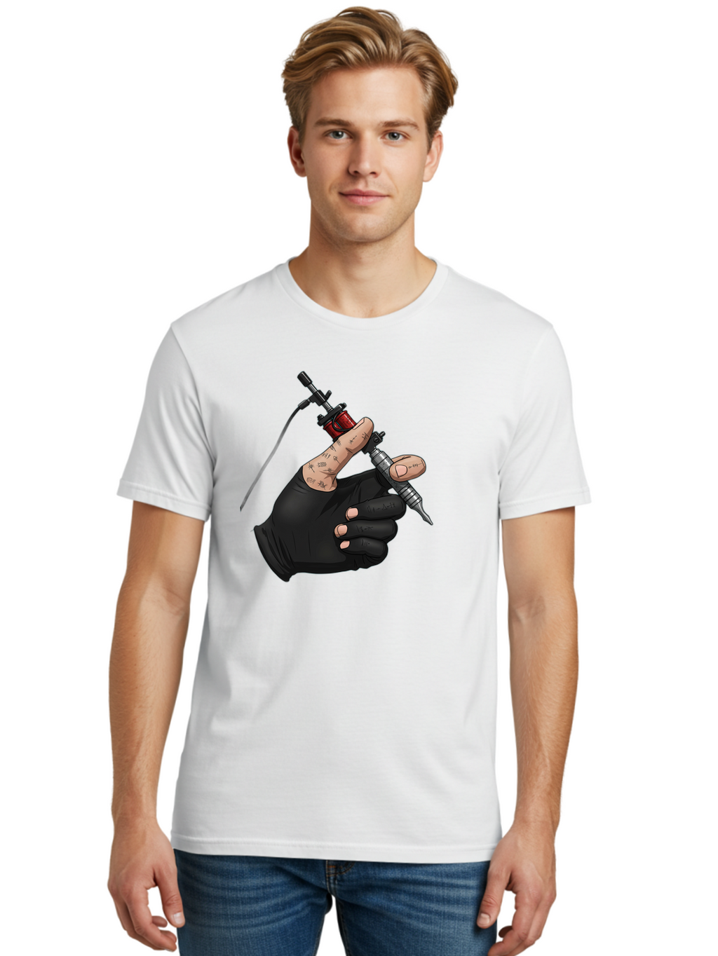 Tattoo-Hand Men'S Graphic Tee, 100% Cotton, Comfortable Casual Summer Wear, Machine Washable, Tattoo Artist Hand, Black Glove, Tattoo Machine In Hand, Red Tattoo Gun, Silver Needle, Tattoo Art, Body Art, Inked Hand Bad802