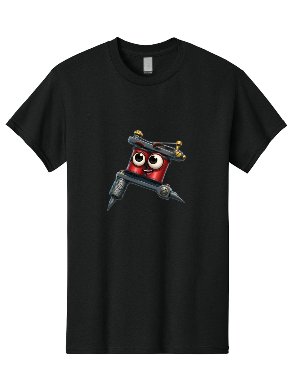 Tattoo-Machine-1 Men'S Graphic Tee, 100% Cotton, Comfortable Casual Summer Wear, Machine Washable, Tattoo Machine With Face, Cartoon Character, Red Body, Humorous Design, Creative Art, Tattoo Artist Equipment, Body Art, Ink, Needle Bad803