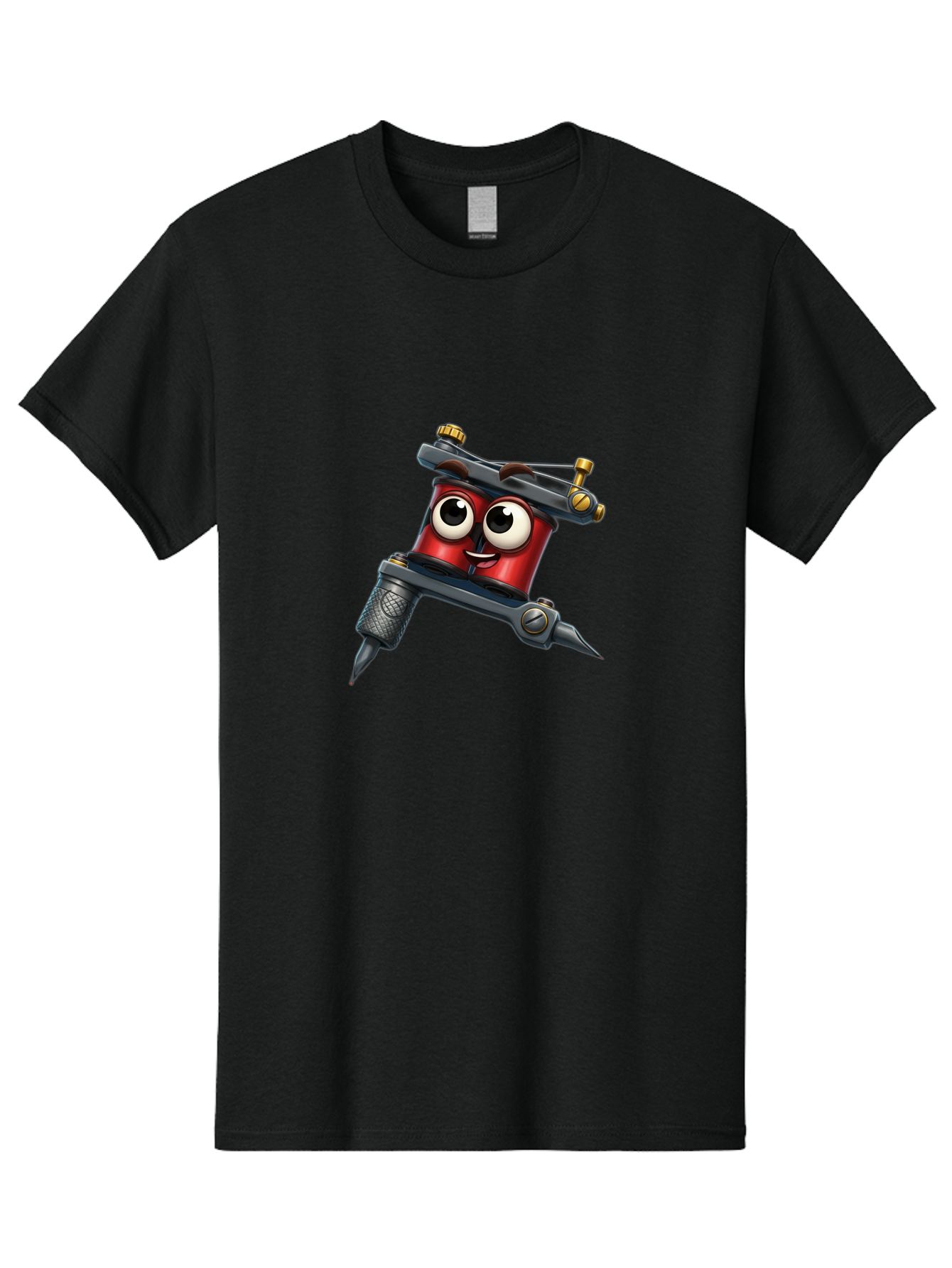 Tattoo-Machine-1 Men'S Graphic Tee, 100% Cotton, Comfortable Casual Summer Wear, Machine Washable, Tattoo Machine With Face, Cartoon Character, Red Body, Humorous Design, Creative Art, Tattoo Artist Equipment, Body Art, Ink, Needle Bad803