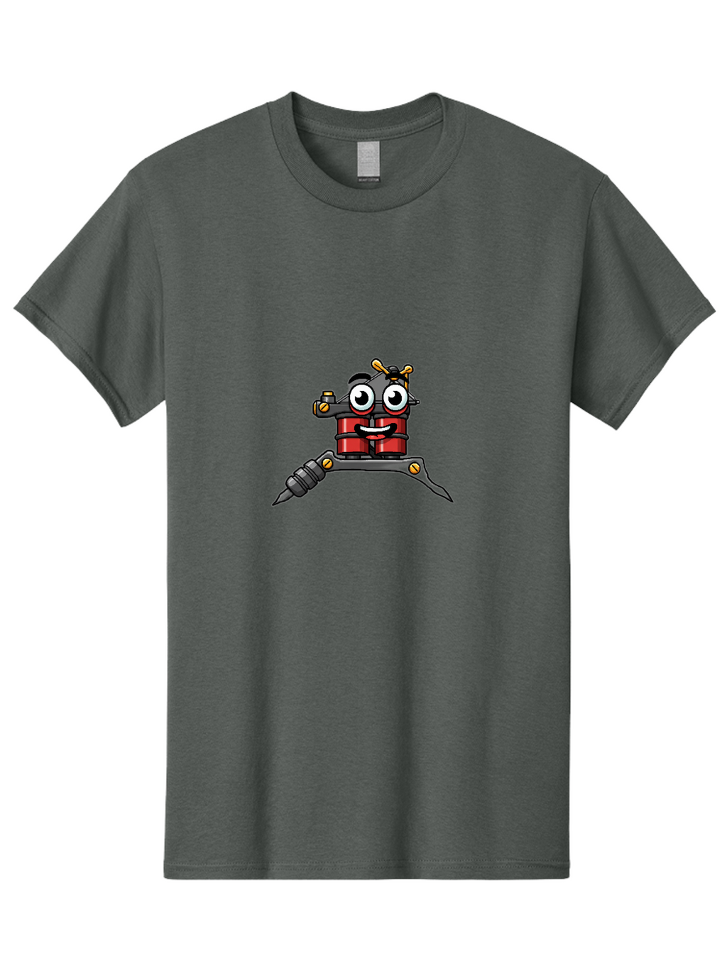 Tattoo-Machine-2 Men'S Graphic Tee, 100% Cotton, Comfortable Casual Summer Wear, Machine Washable, Cartoon Tattoo Machine, Fun Design, Playful Character, Body Art, Red And Black Colors, Yellow Accents, Creative Expression, Tattoo Culture Bad804