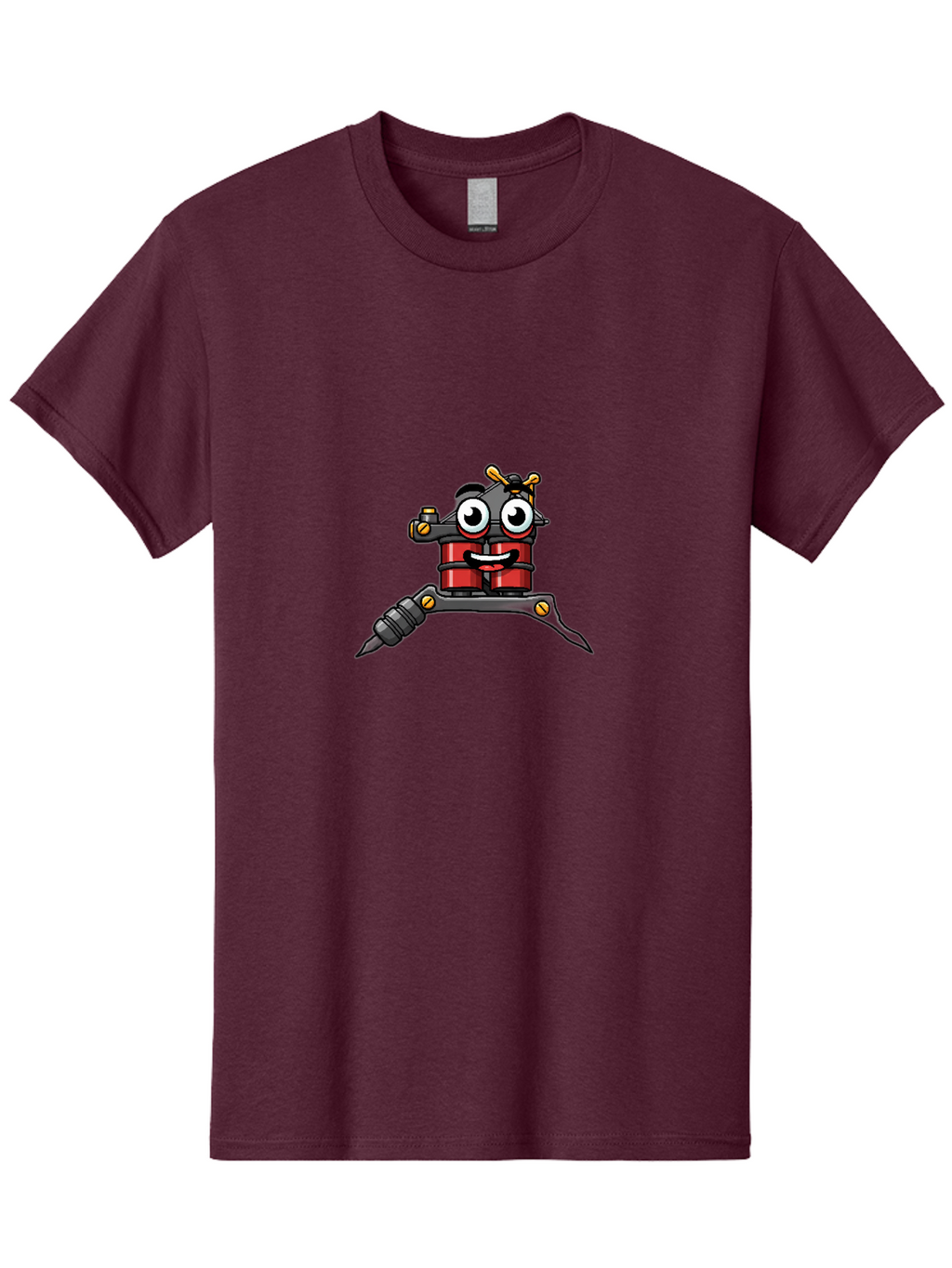 Tattoo-Machine-2 Men'S Graphic Tee, 100% Cotton, Comfortable Casual Summer Wear, Machine Washable, Cartoon Tattoo Machine, Fun Design, Playful Character, Body Art, Red And Black Colors, Yellow Accents, Creative Expression, Tattoo Culture Bad804