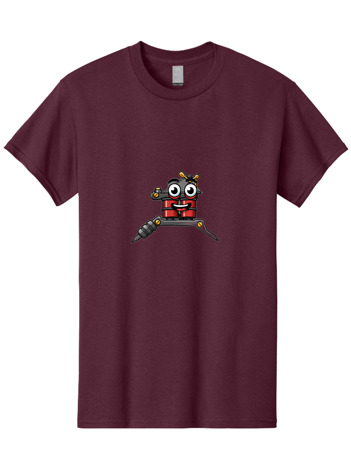 Tattoo-Machine-2 Men'S Graphic Tee, 100% Cotton, Comfortable Casual Summer Wear, Machine Washable, Cartoon Tattoo Machine, Fun Design, Playful Character, Body Art, Red And Black Colors, Yellow Accents, Creative Expression, Tattoo Culture Bad804