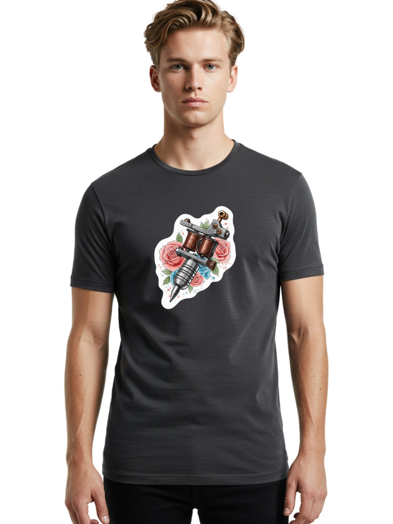 Tattoo-Machine-3 Men'S Graphic Tee, 100% Cotton, Comfortable Casual Summer Wear, Machine Washable, Vintage Tattoo Machine, Floral Design, Pink Roses, Blue Flowers, Body Art, Tattoo Culture, Ink, Artistic Expression, Decorative Art, Bad805