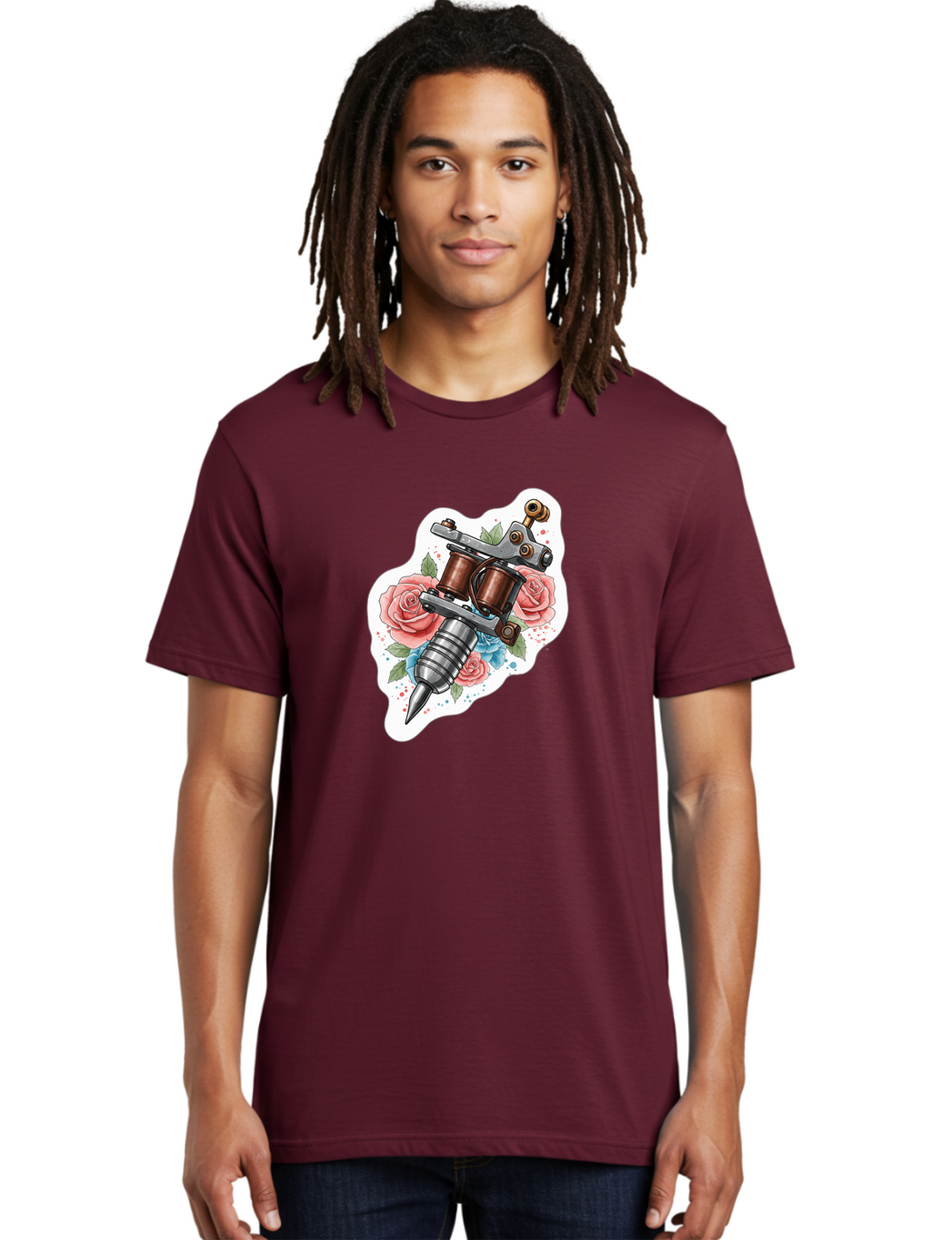 Tattoo-Machine-3 Men'S Graphic Tee, 100% Cotton, Comfortable Casual Summer Wear, Machine Washable, Vintage Tattoo Machine, Floral Design, Pink Roses, Blue Flowers, Body Art, Tattoo Culture, Ink, Artistic Expression, Decorative Art, Bad805