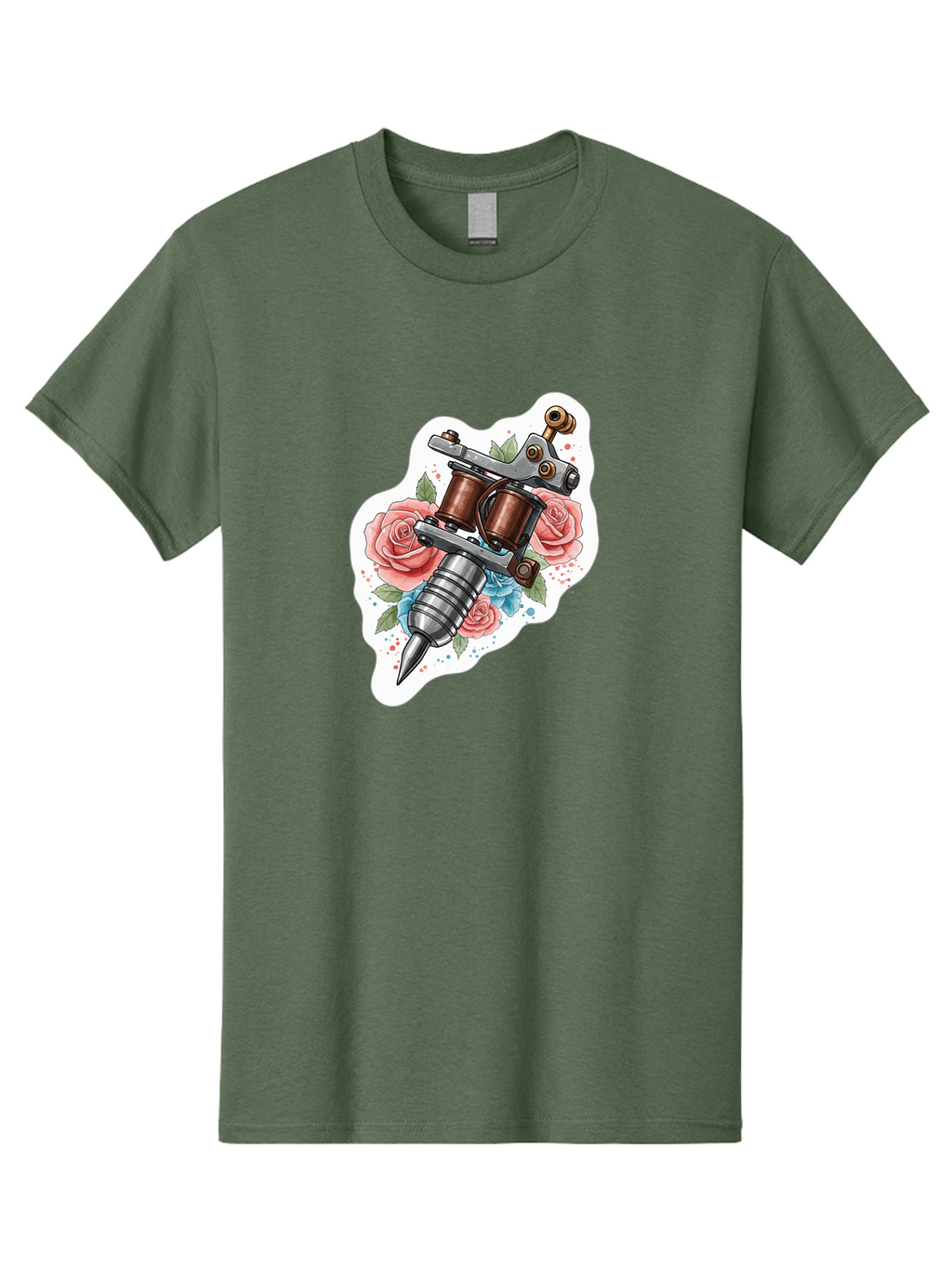 Tattoo-Machine-3 Men'S Graphic Tee, 100% Cotton, Comfortable Casual Summer Wear, Machine Washable, Vintage Tattoo Machine, Floral Design, Pink Roses, Blue Flowers, Body Art, Tattoo Culture, Ink, Artistic Expression, Decorative Art, Bad805