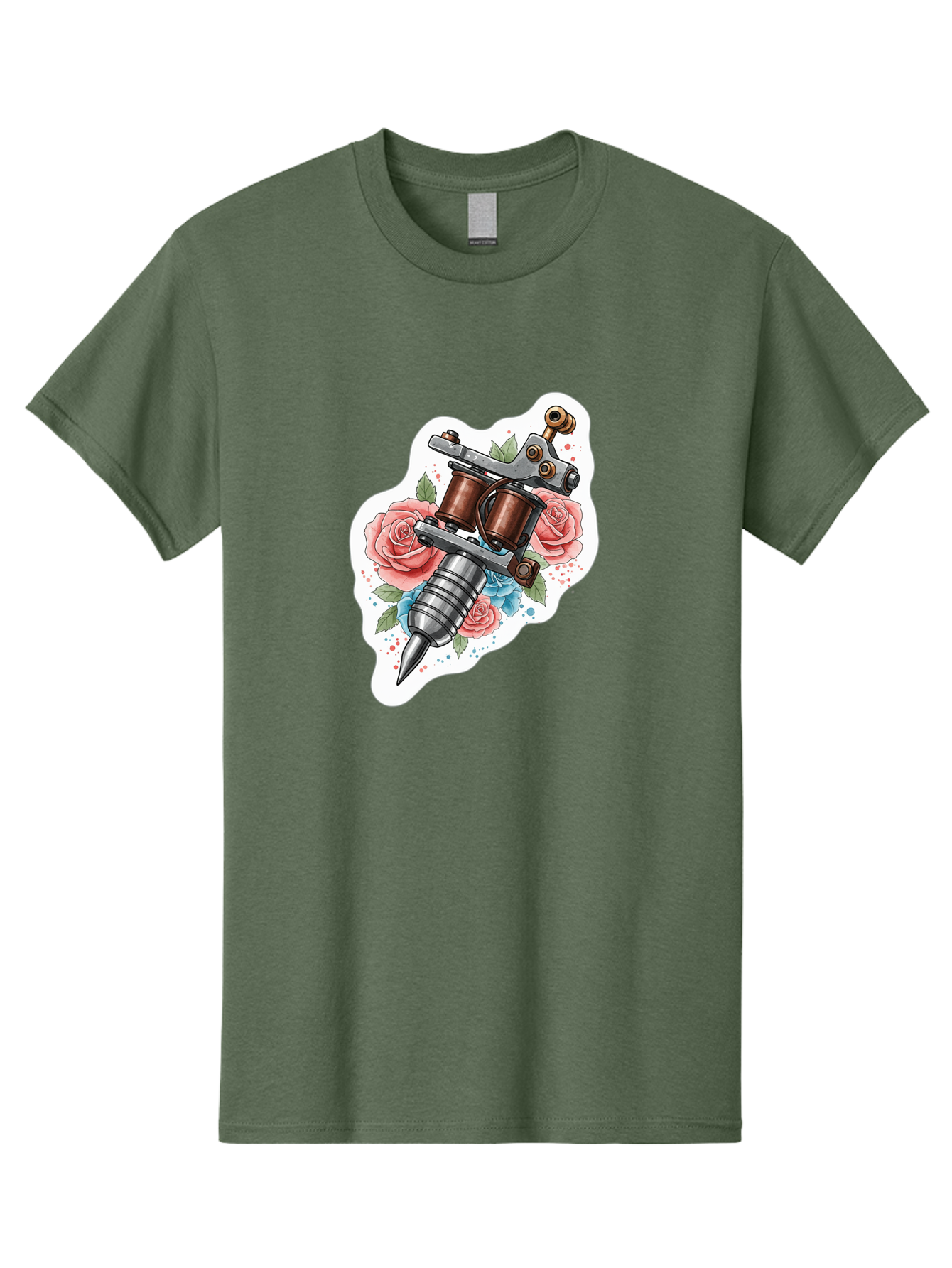 Tattoo-Machine-3 Men'S Graphic Tee, 100% Cotton, Comfortable Casual Summer Wear, Machine Washable, Vintage Tattoo Machine, Floral Design, Pink Roses, Blue Flowers, Body Art, Tattoo Culture, Ink, Artistic Expression, Decorative Art, Bad805