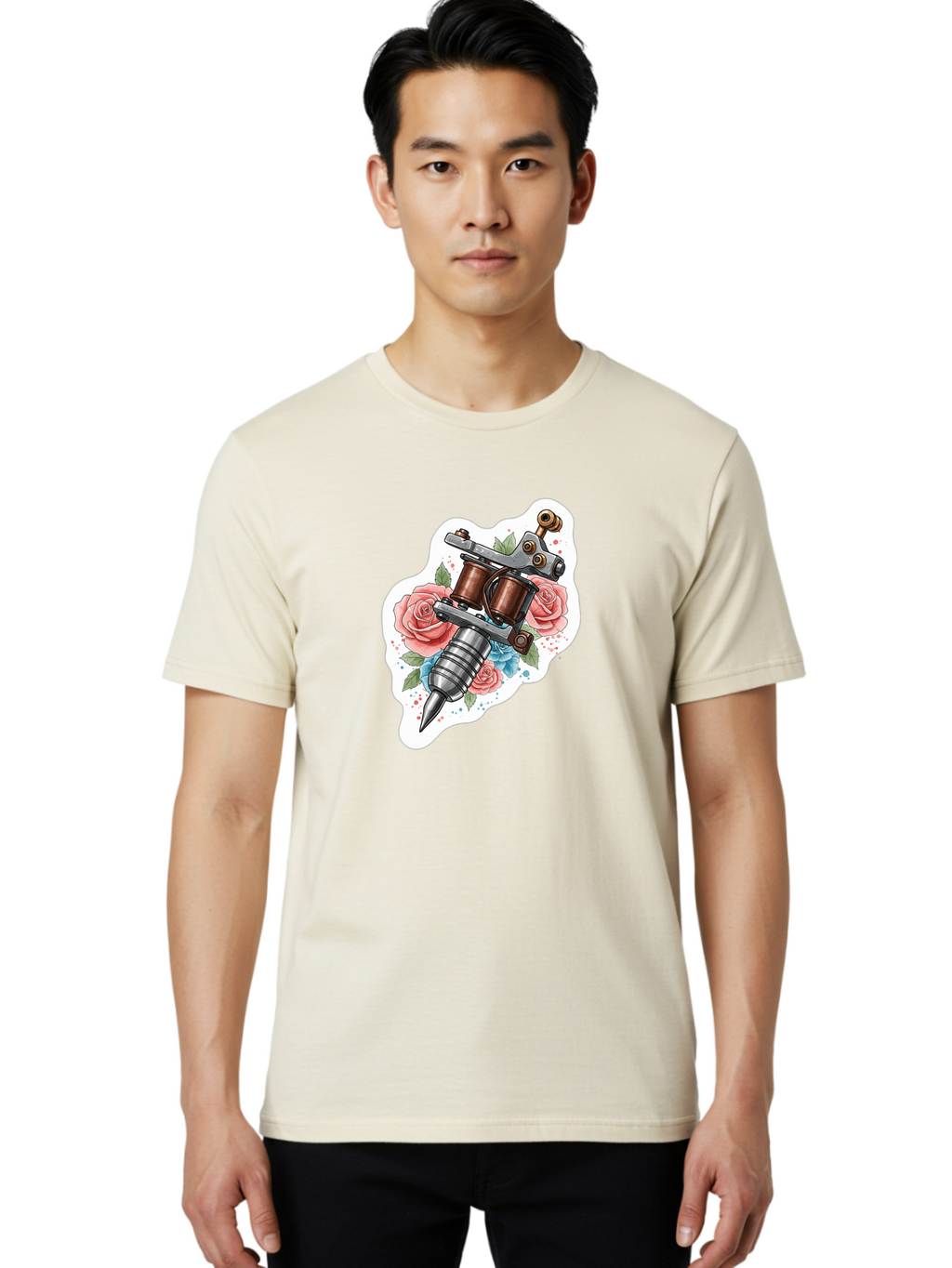 Tattoo-Machine-3 Men'S Graphic Tee, 100% Cotton, Comfortable Casual Summer Wear, Machine Washable, Vintage Tattoo Machine, Floral Design, Pink Roses, Blue Flowers, Body Art, Tattoo Culture, Ink, Artistic Expression, Decorative Art, Bad805