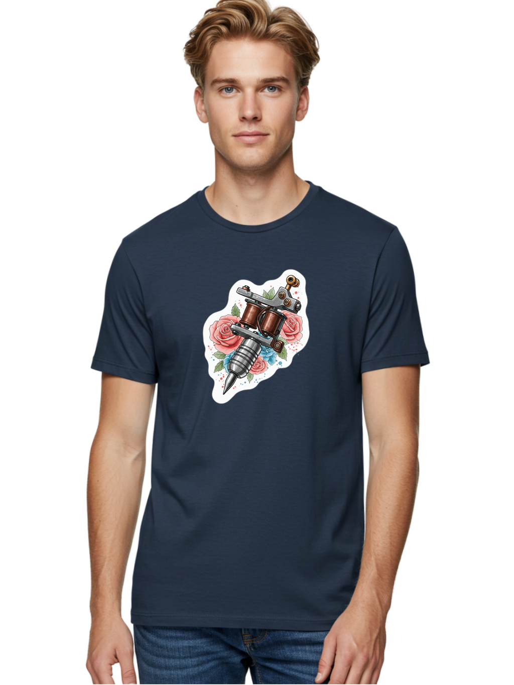Tattoo-Machine-3 Men'S Graphic Tee, 100% Cotton, Comfortable Casual Summer Wear, Machine Washable, Vintage Tattoo Machine, Floral Design, Pink Roses, Blue Flowers, Body Art, Tattoo Culture, Ink, Artistic Expression, Decorative Art, Bad805