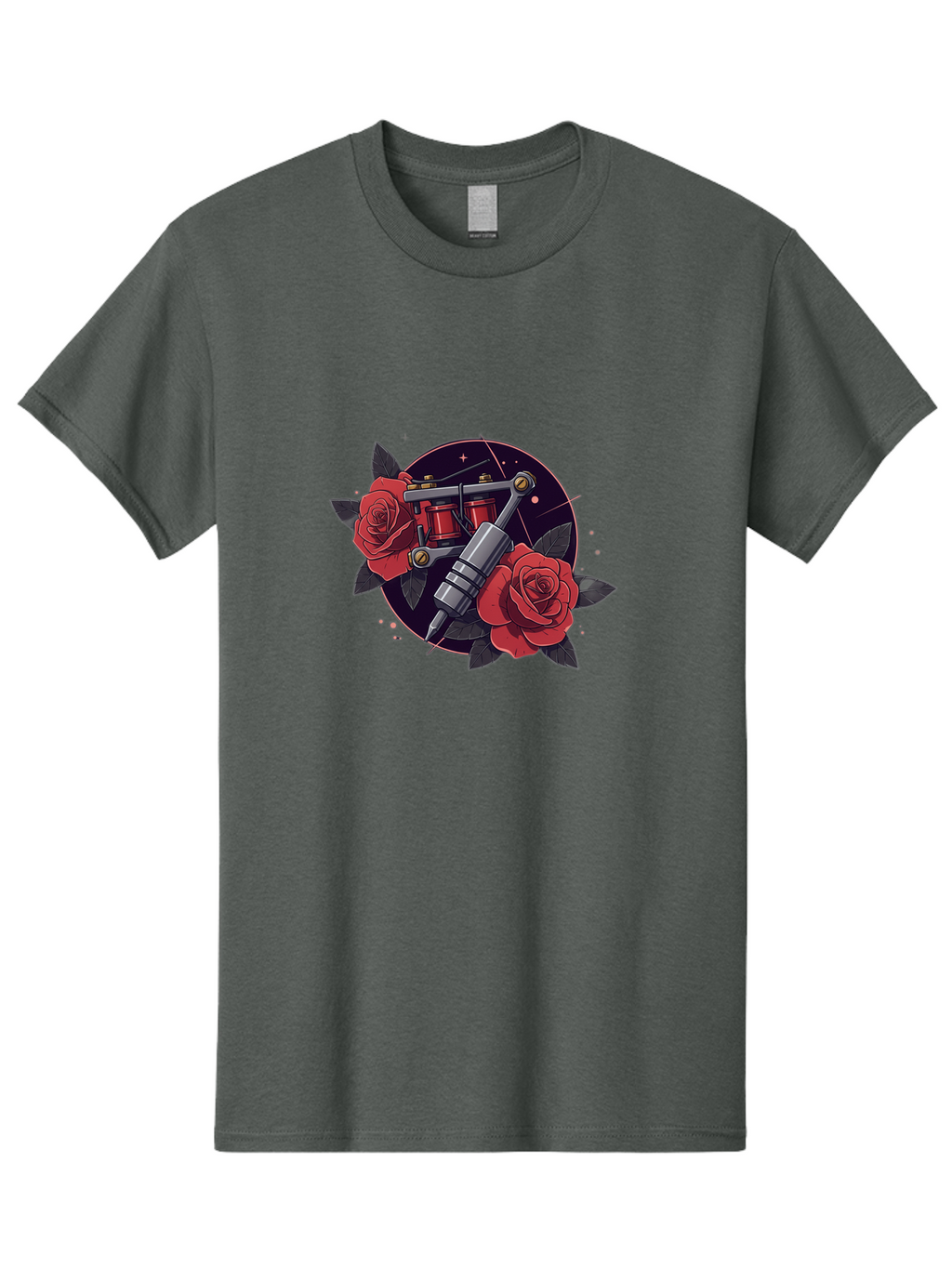 Tattoo-Machine-And-Roses Men'S Graphic Tee, 100% Cotton, Comfortable Casual Summer Wear, Machine Washable, Tattoo Machine, Red Roses, Floral Design, Tattoo Art, Vintage Tattoo, Tattoo Equipment, Ink Art, Rose Tattoo Bad806