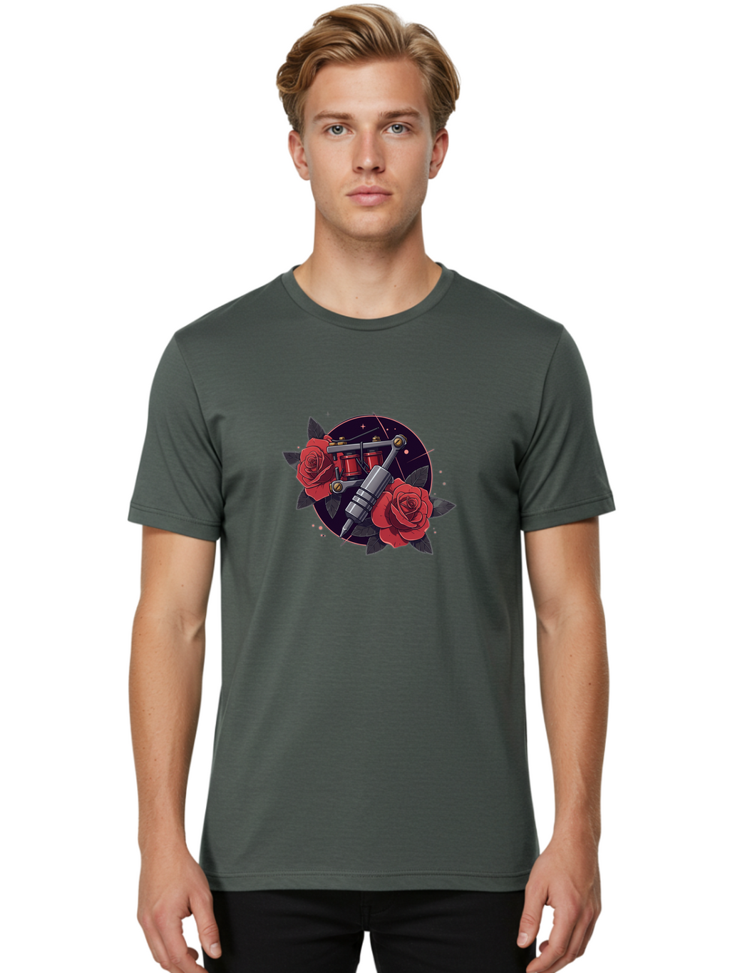 Tattoo-Machine-And-Roses Men'S Graphic Tee, 100% Cotton, Comfortable Casual Summer Wear, Machine Washable, Tattoo Machine, Red Roses, Floral Design, Tattoo Art, Vintage Tattoo, Tattoo Equipment, Ink Art, Rose Tattoo Bad806