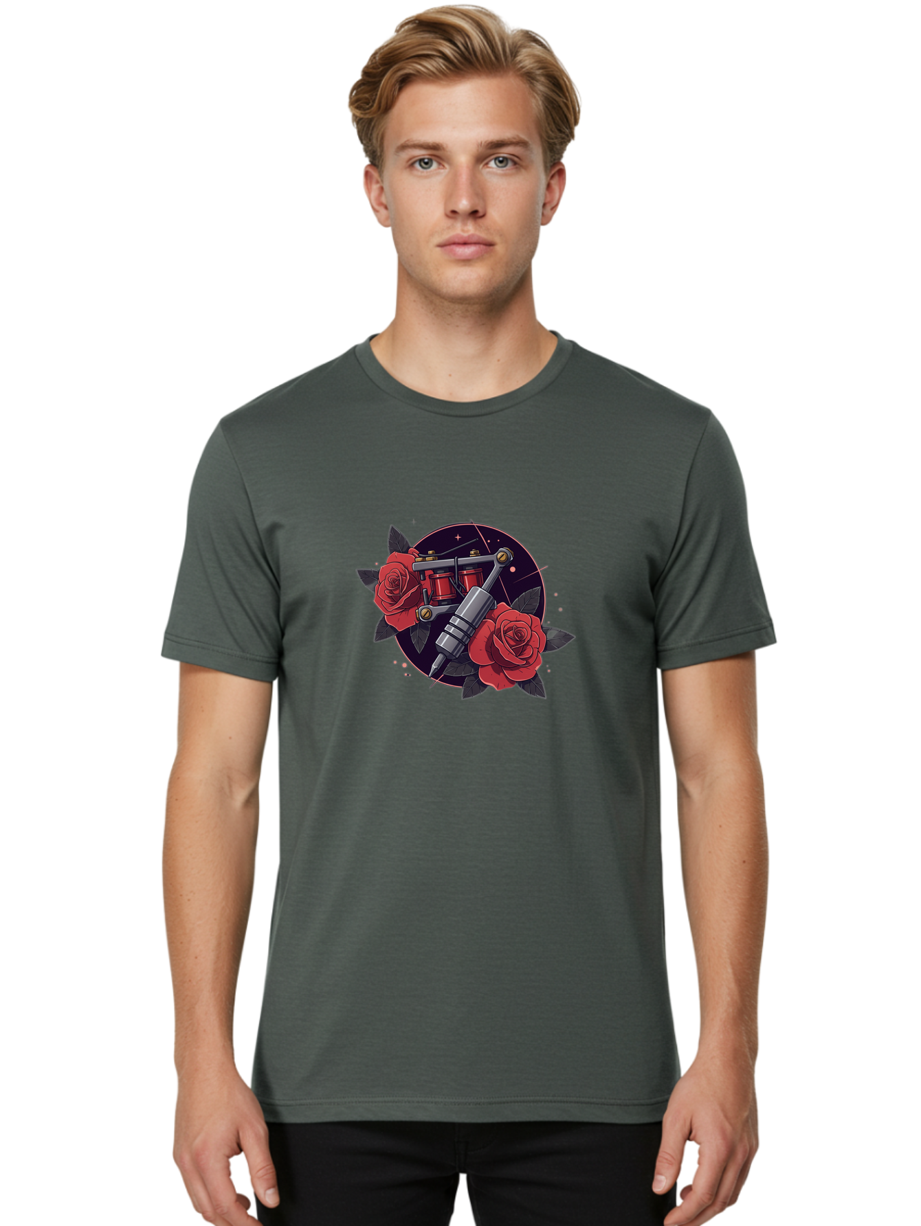 Tattoo-Machine-And-Roses Men'S Graphic Tee, 100% Cotton, Comfortable Casual Summer Wear, Machine Washable, Tattoo Machine, Red Roses, Floral Design, Tattoo Art, Vintage Tattoo, Tattoo Equipment, Ink Art, Rose Tattoo Bad806
