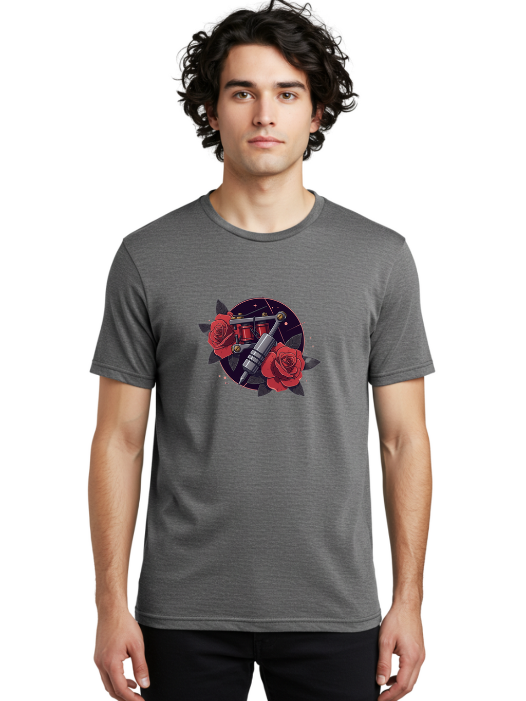 Tattoo-Machine-And-Roses Men'S Graphic Tee, 100% Cotton, Comfortable Casual Summer Wear, Machine Washable, Tattoo Machine, Red Roses, Floral Design, Tattoo Art, Vintage Tattoo, Tattoo Equipment, Ink Art, Rose Tattoo Bad806